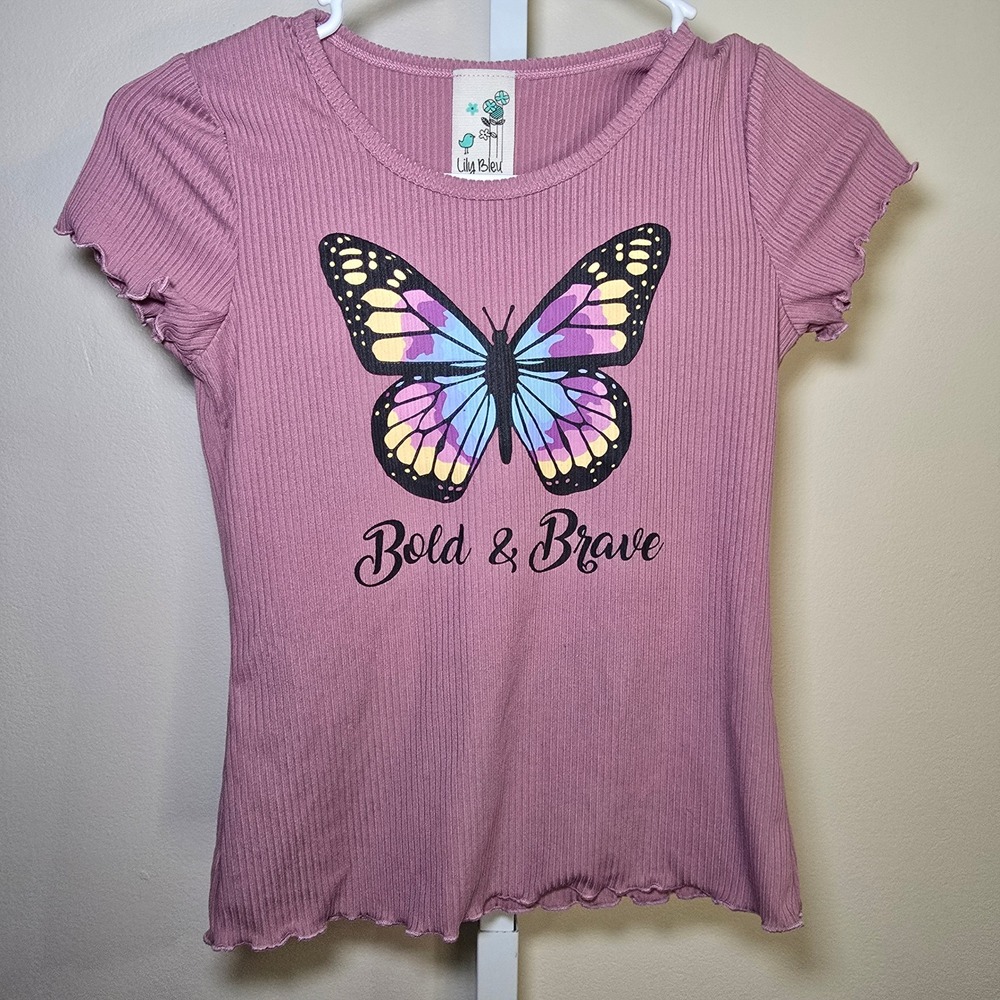 Lily Bleu Girls Ribbed Butterfly Bold & Brave Top Mauve Size M(10/12)‎